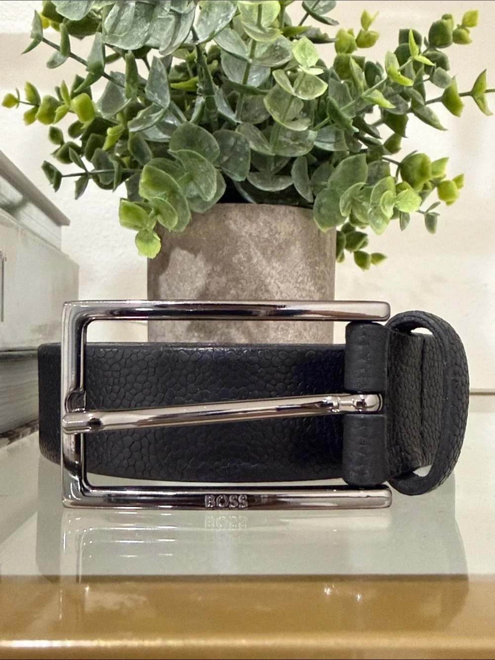 Hugo Boss Black Leather Belt with Gunmetal Hardware